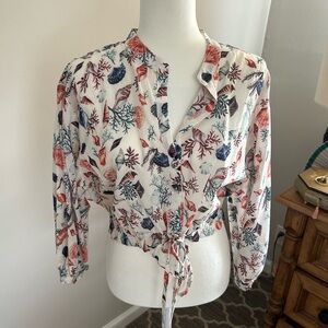 Cara Cara White Shell & Coral Tie-Front Blouse